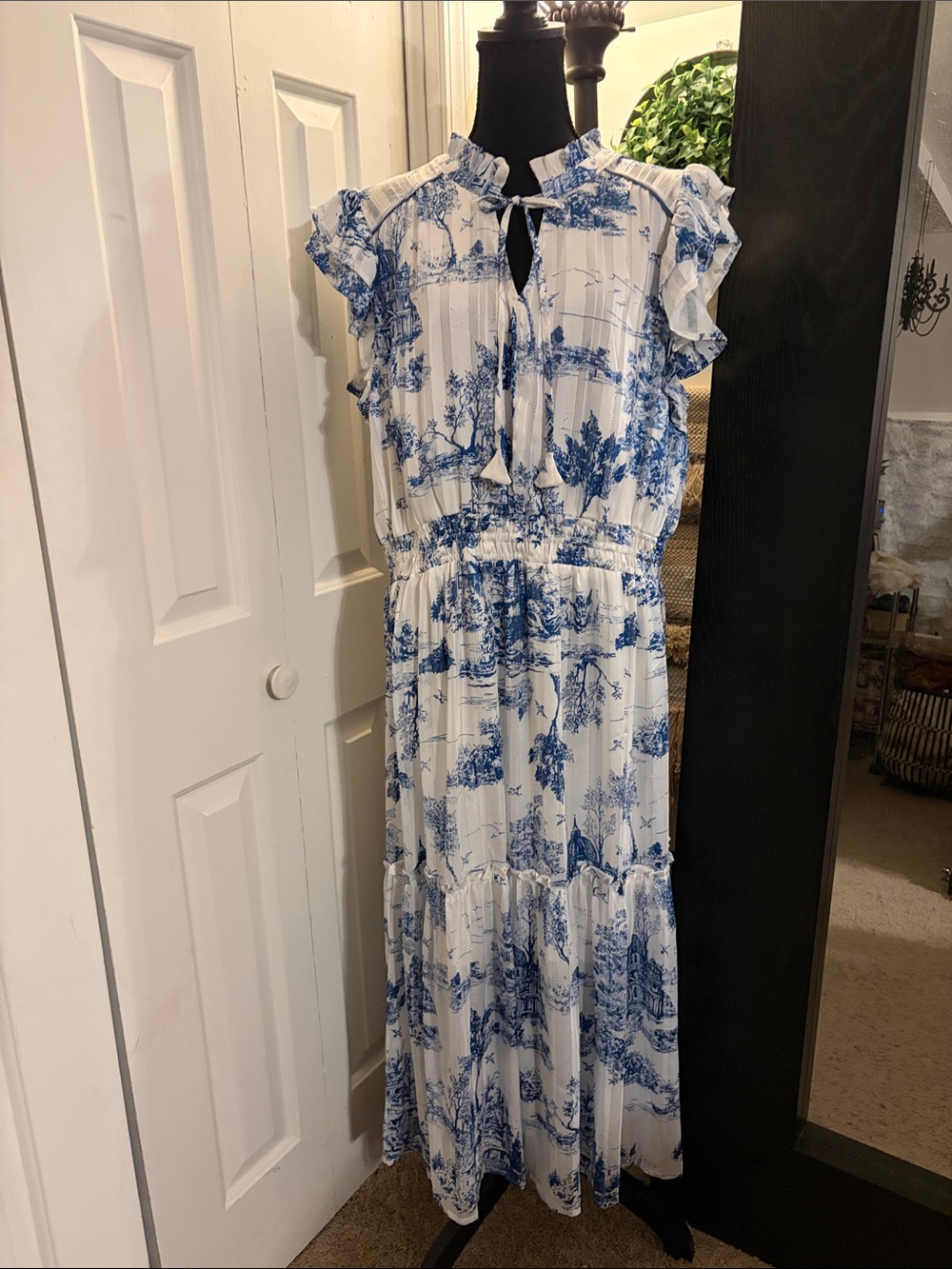 Umgee Blue Willow Maxi Dress with White Toile Landscape Print